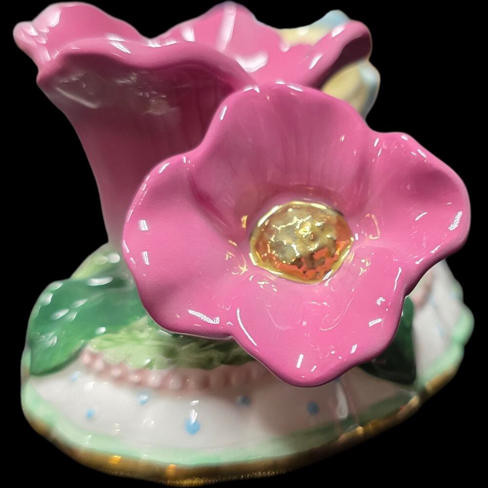 Vintage Porcelain Duck Figurine Candle Holder with Blue Bow and Gold Trim - Picture 3 of 7